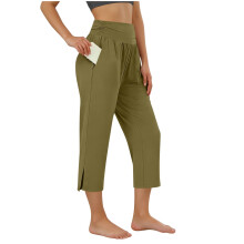 Calça Capri Feminina de Cintura Alta, Macia e Elástica, com Bolsos para Conforto na Prática de Yoga, Verde Militar, Tamanho M