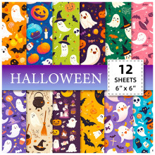 Conjunto de 24 folhas de papel estampado de Halloween 15x15 cm – Aranha, Abóbora, Morcego, Bruxa, Xadrez, Listras, Bolinhas, Origami e