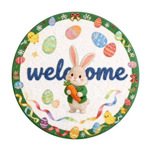 Round Easter Bunny Welcome Mat, Absorbent & Durable, 40/60/80cm, Compatible with Easter Decor