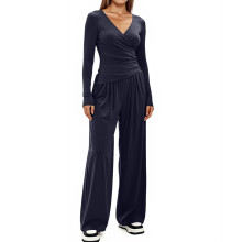 Women's Fall 2-Piece Set Wide Leg Pants Outfits Dark Blue XL