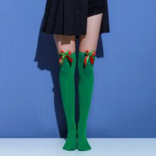 Women Overknee Socks Christmas Diagonal Stripe Thigh High Stockings Japanese Bow, Green A
