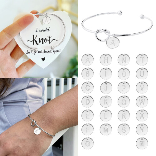 Ασημένιο βραχιόλι με αρχικά Love Knot και δίσκο, 26 γράμματα 1