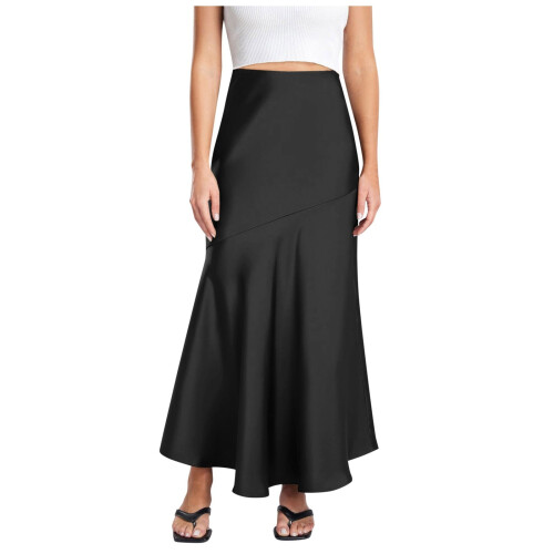 Sort dame satin højtaljet slim fit lang nederdel i sort 1