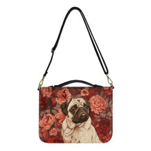 Pug Dog Flower Print Leather Bible Case for Men & Women – 2XL, Zippered, Shoulder Strap & Handle, Compatible with Large Bibles