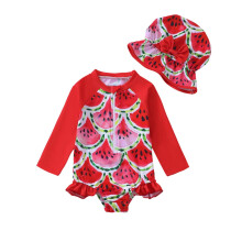 Girls' rash guard swim suit long sleeve with hat and zip