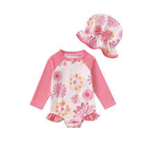 Girls long sleeve rash guard swimwear with hat, baby