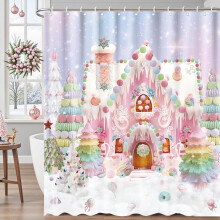 Weihnachts-Süßigkeitenhaus-Duschvorhang, rosa Lebkuchen, 71 x 47