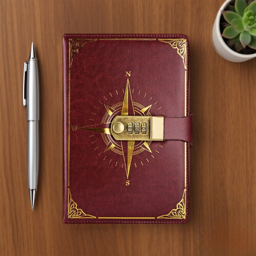 Lederkalender im A5-Format mit Schloss und Stift, Vintage-Stil