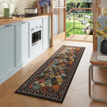 Bohemian geometric floral runner rug 2x6 ft black