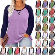 Top da donna a maniche lunghe, casual, con stampa sul petto, tinta unita, scollo rotondo, vestibilità ampia, maniche lunghe raglan, taglie forti