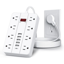 Plochý napájací kábel biely, 8 zásuviek, 6 USB, 5 stôp