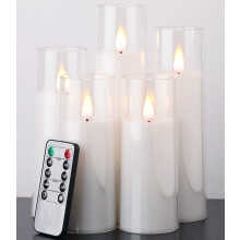 Pure White Flameless LED Pillar Candles, Battery Operated, Remote & Timer, 3D Wick, Yellow/Blue Glow, D2.2"xH5"-8", Set of 5