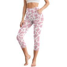 Cow Print Yoga Leggings for Women High Waisted Capri Leggings Breathable Yoga Pants with Pockets, XL