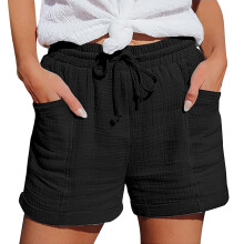 Damskie lniane szorty z szerokimi nogawkami, czarne, 5XL