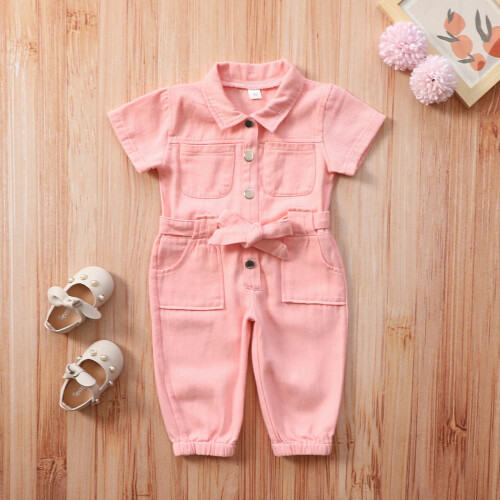 Children's denim jumpsuit solid color button-down collar 1