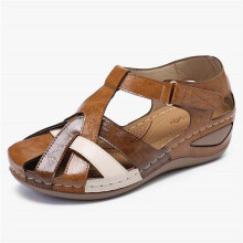 Closed-Toe Sandals Women, Comfortable Summer Orthopedic Sandals Retro Round Toe Color Matching Plus Size Women's Casual Wedge Sandals