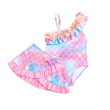Girls Sea Theme Two-Piece Swimsuit with Ruffle Skirt Pink