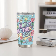 Happy Mother’s Day Insulated Tumbler, Stainless Steel Travel Mug with Lid, Cute Floral & Smile Face Design, Gift for Mom