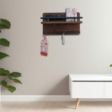 Wooden Wall-Mounted Key and Mail Holder with Hooks