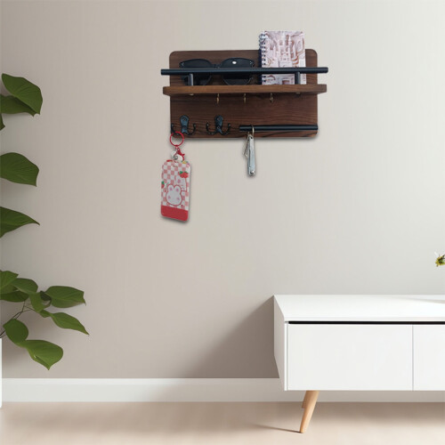 Wooden Wall-Mounted Key and Mail Holder with Hooks