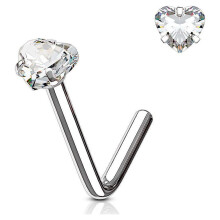 Nose Ring Stud L-Bend Surgical Steel Heart CZ 1pc 20G/18G