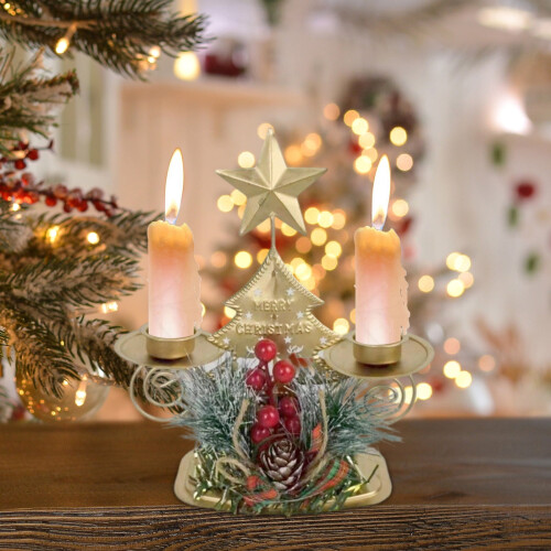 Golden Iron Double Candlestick Holiday Decoration