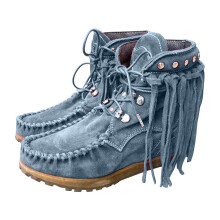 Dameslaarzen tot halverwege de kuit met ronde neus, franjes en vetersluiting, blauw