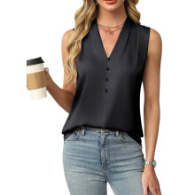 Women's Sleeveless Silk Satin V-Neck Tank Top Black L