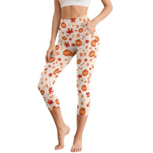Thanksgiving Yoga Leggings for Women Fall Pumpkin Printed Capri Leggings with Pockets Maple Leaves Printed Yoga Pants for Sports Gym, 2XL