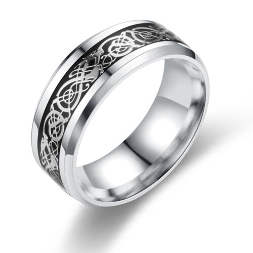 Men's Dragon Pattern Glossy Ring Black and Silver 1