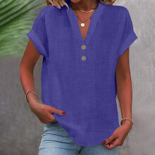 Women's Polyester V-Neck Button-Up Blouse Dark Blue L
