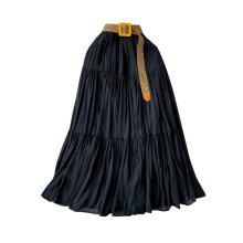 Women's Black Casual High-Waist Elastic Waist Long Skirt