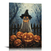 Halloween Canvas Wall Art: Ghost in Witch Hat with Pumpkin Lanterns, 12x16in Autumn Decor for Living Room, Bedroom, Office – Compatible with