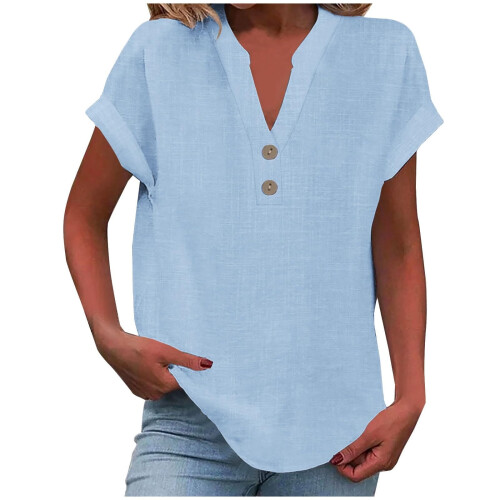 Women's Polyester V-Neck Button-Up Blouse Light Blue 2XL 1