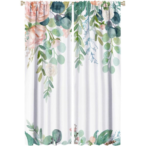 Floral Leaves Curtains Pink Watercolor Nature Pattern
