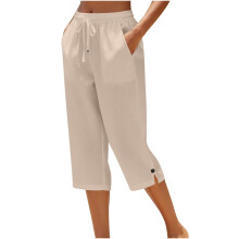 Damskie spodnie capri z bawełny w kolorze khaki, luźny krój, 100% bawełny, skrócone spodnie wypoczynkowe ze ściągaczem w pasie i kieszeniami,