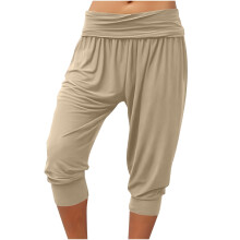 Women's Khaki Harem Capri Pants High Waisted Soft Stretch