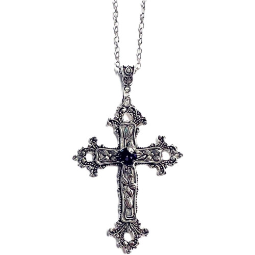 Collana con ciondolo a croce gotica in argento anticato e cristallo nero