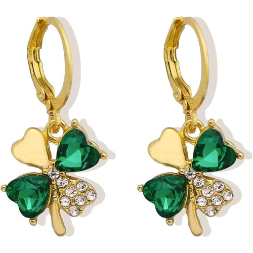 Crystal Leaf Clover Earrings Green Shamrock Jewelry for