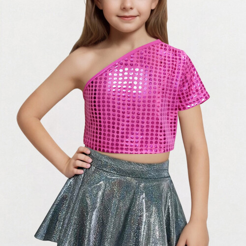Girls One-Shoulder Short-Sleeve Sequin Crop Top 1