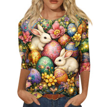 Osterbluse für Damen, 3/4-Ärmel, Hasen-Eiersuche-Print, Rundhalsausschnitt