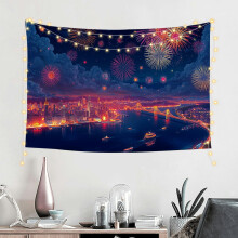 Night Harbor Fireworks Tapestry Modern Urban Nightscape