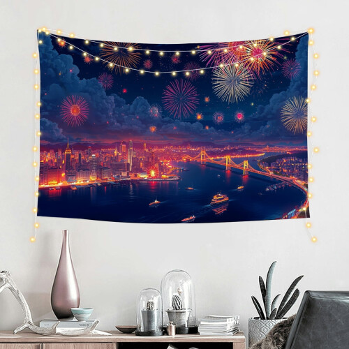 Night Harbor Fireworks Tapestry Modern Urban Nightscape