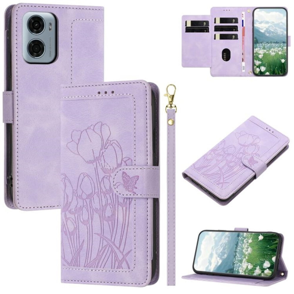 Tulip-Embossed Leather Flip Wallet Case For Motorola Moto 968604585074
