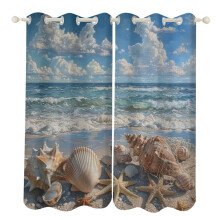 Cortinas opacas térmicas con diseño de conchas marinas y estrellas de mar, ideales para la playa.