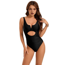 Schwarzer Damen-Monokini mit Bauchkontrolle, V-Ausschnitt und hohem Beinausschnitt, Größe XXL