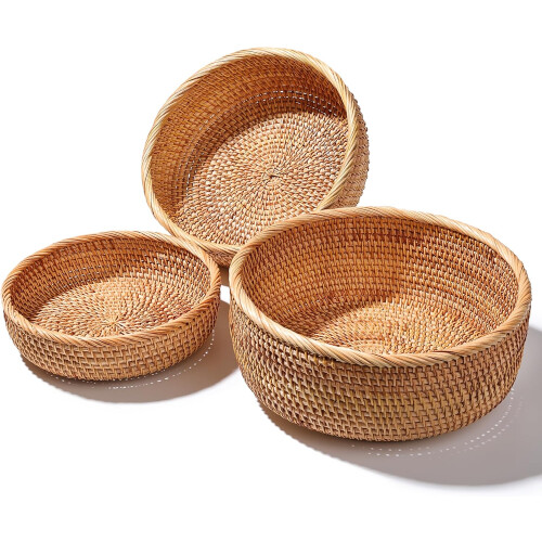 Καλάθι ψωμιού από rattan, σετ 3 τεμαχίων, στρογγυλό από φυσικό μέλι και καφέ