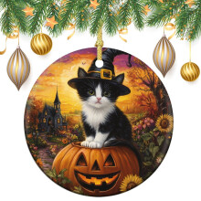 Black Cat Witch Hat Ornament Ceramic 3 Inch Gold Ribbon