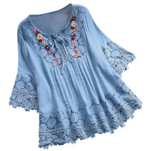 Tunique brodée en coton et lin pour femme, manches 3/4