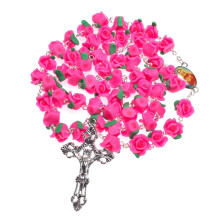 Collana rosario con perline a forma di rosa e ciondolo a croce